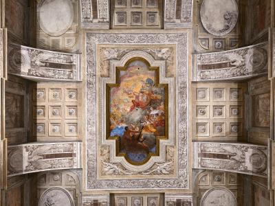A high-angle photograph of an ornate, coffered ceiling featuring a central fresco surrounded by trompe-l'œil architectural elements, pilasters with eagles, and red-and-white heraldic shields.