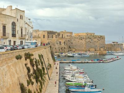 The image shows a coastal harbor scene with a row of parked cars along a stone seawall, a line of small fishing boats moored in the water, and a large, historic stone fortress with rounded bastions in the background under an overcast sky.