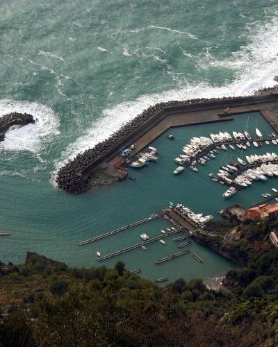 A high-angle view of a coastal harbor with a breakwater, numerous white boats docked in turquoise water, and a hillside town with red-roofed buildings; the foreground shows green vegetation and part of a wire mesh structure.