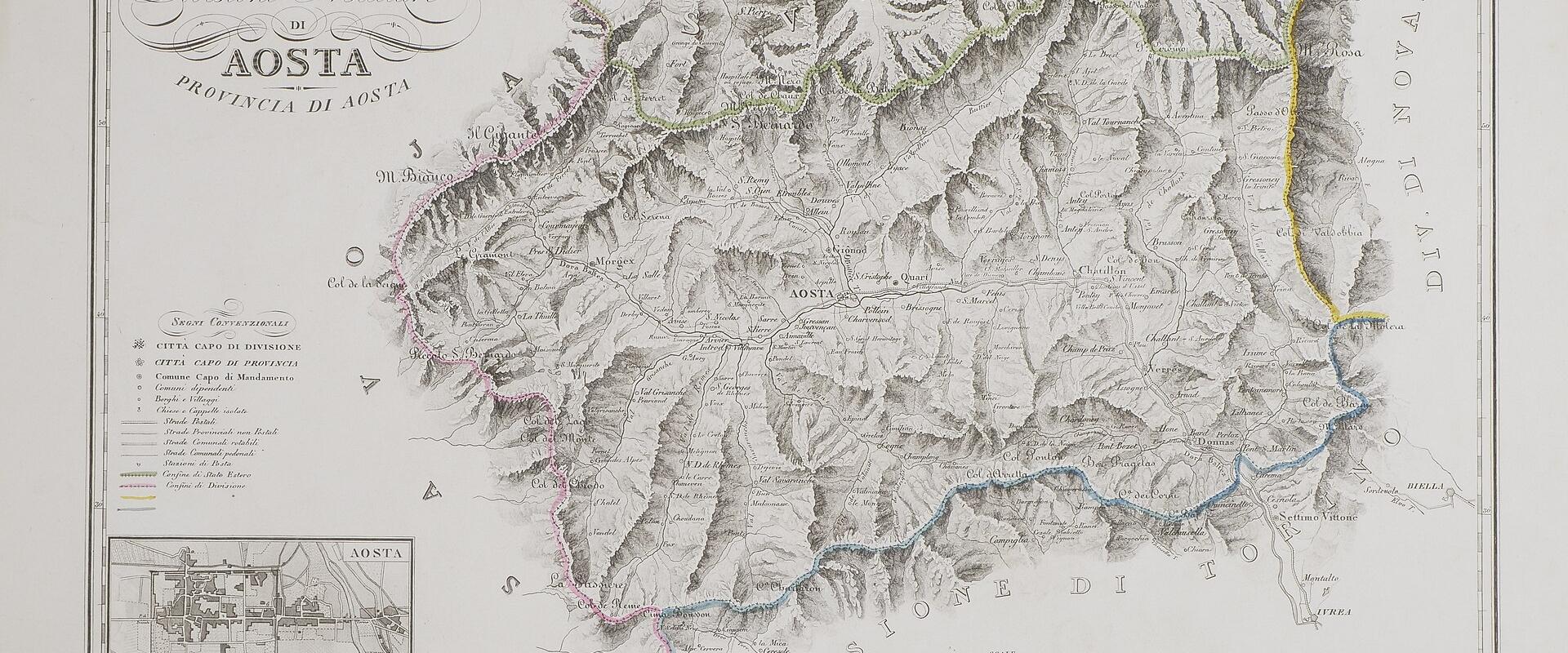The image is a historical topographical map titled "Carta corografica della Divisione militare di Aosta. Provincia di Aosta," showing the mountainous terrain, borders, and settlements of the Aosta Valley region in Italy, with an inset plan of the