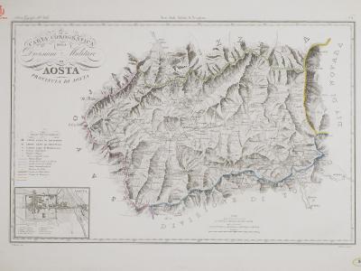 The image is a historical topographical map titled "Carta corografica della Divisione militare di Aosta. Provincia di Aosta," showing the mountainous terrain, borders, and settlements of the Aosta Valley region in Italy, with an inset plan of the