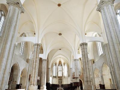 The interior of a large, light-colored stone church featuring tall clustered columns, ribbed vaulted ceilings, and rows of wooden pews facing an altar.