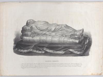 A black-and-white print (engraving or lithograph) depicting the sculpture "Christus Mortuus" (Dead Christ), with Italian text below identifying it as "CRISTO MORTO" and referencing its location in Naples.