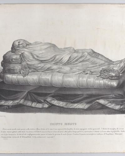 A black-and-white print (engraving or lithograph) depicting the sculpture "Christus Mortuus" (Dead Christ), with Italian text below identifying it as "CRISTO MORTO" and referencing its location in Naples.