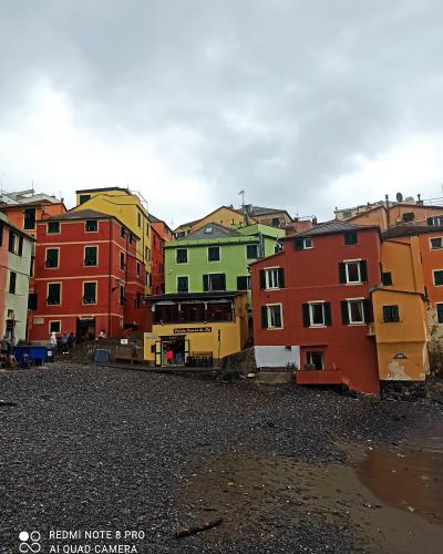 A pebbled beach in the foreground with a cluster of colorful, multi-story buildings rising behind it, including a yellow building with signage reading "Colonia Genovese di Mare" and a red building with green shutters; people are visible near the b