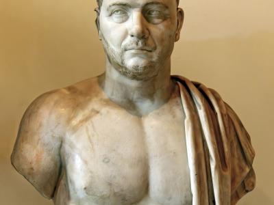 A marble bust of a bearded man with short hair, wearing a draped garment over his left shoulder, displayed against a plain beige wall.