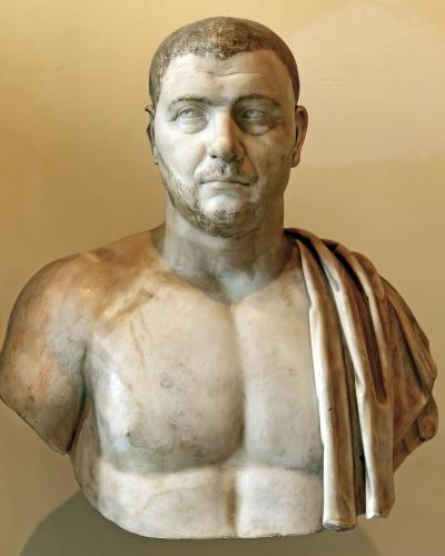 A marble bust of a bearded man with short hair, wearing a draped garment over his left shoulder, displayed against a plain beige wall.