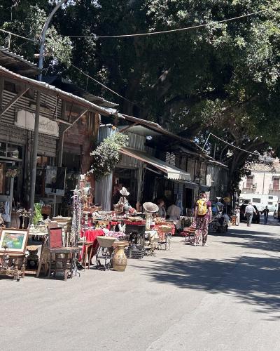 The image shows an outdoor flea market with stalls under corrugated metal roofs, displaying vintage furniture, antiques, and miscellaneous goods, with people browsing on a paved street shaded by large trees.