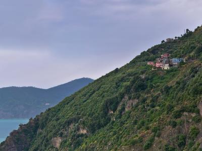 A steep, green hillside descending to the Ligurian Sea with a cluster of colorful houses on the slope and a distant headland under an overcast sky.