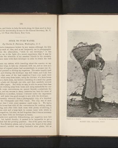 A vintage photograph printed in a book, showing a woman carrying a large woven basket on her back, with the caption "MARKET GIRL, BALLAGIO, ITALY" below it.