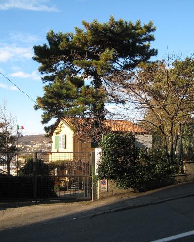 A street-level view of a gated entrance to a property on a hillside, featuring a yellow building with green shutters, large pine trees, an Italian flag, and a distant cityscape under a blue sky.