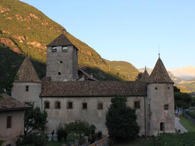 A stone castle with multiple conical-roofed towers and battlements, set against a clear blue sky with hills in the background; a blue recycling bin and wooden fence are visible in the foreground.