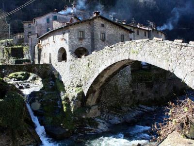 A stone arch bridge spanning a rushing river with a waterfall, backed by a large stone building with arched openings and residential structures on a hillside.