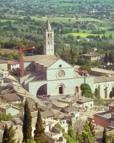 The Basilica of Santa Chiara in Assisi above the Umbrian plain