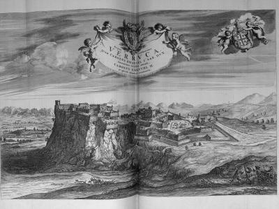 A historical black-and-white engraving depicting a fortified castle complex situated on a steep rocky promontory, with Latin text at the top reading "VERRUCA" and "CAROLVS EMANVEL II," along with cherubs and coats of arms.