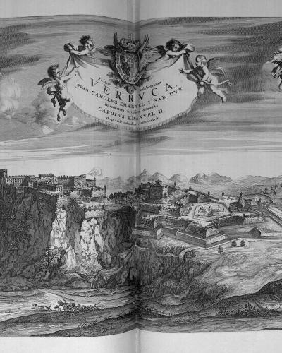 A historical black-and-white engraving depicting a fortified castle complex situated on a steep rocky promontory, with Latin text at the top reading "VERRUCA" and "CAROLVS EMANVEL II," along with cherubs and coats of arms.