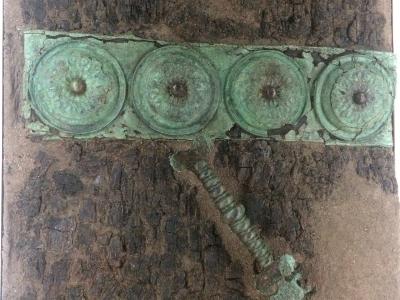 A close-up photograph of an ancient bronze door fitting featuring four circular rosettes and a large nail, mounted on a dark, textured wooden surface.