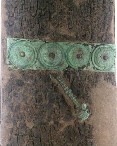 A close-up photograph of an ancient bronze door fitting featuring four circular rosettes and a large nail, mounted on a dark, textured wooden surface.