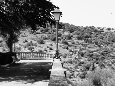 A black-and-white photograph showing a stone terrace with a balustrade, a vintage-style lamppost, a bench under a large tree, and a view of a terraced, hilly landscape in the background.
