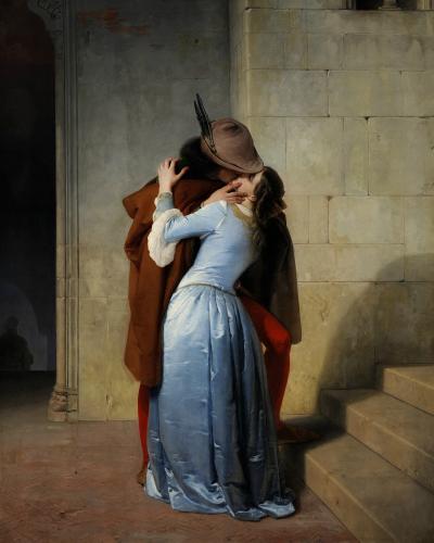 A painting depicting a man and woman embracing and kissing in a stone architectural setting, identified by the filename as "El Beso" (The Kiss) from 1859.