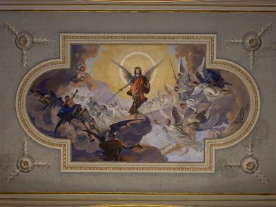 A ceiling fresco depicting the Archangel Michael triumphing over demons, signed by Luigi Taglialatela and dated 1944, framed with ornate plasterwork.