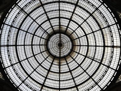 A low-angle view looking directly up at a large, circular iron-and-glass dome with a radial grid pattern and decorative side arches.
