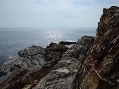 A close-up view of rugged, stratified rock formations along a coastline with the sunlit sea in the background.