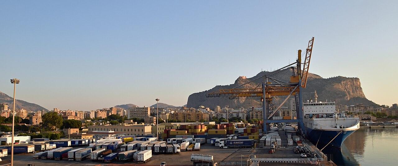 The port of Palermo at dawn with ferries and Monte Pellegrino behind