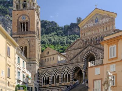 The steps and bell tower of Amalfi Cathedral above the piazza
