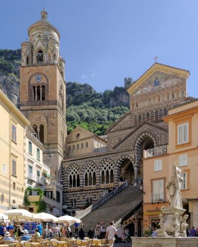 The steps and bell tower of Amalfi Cathedral above the piazza