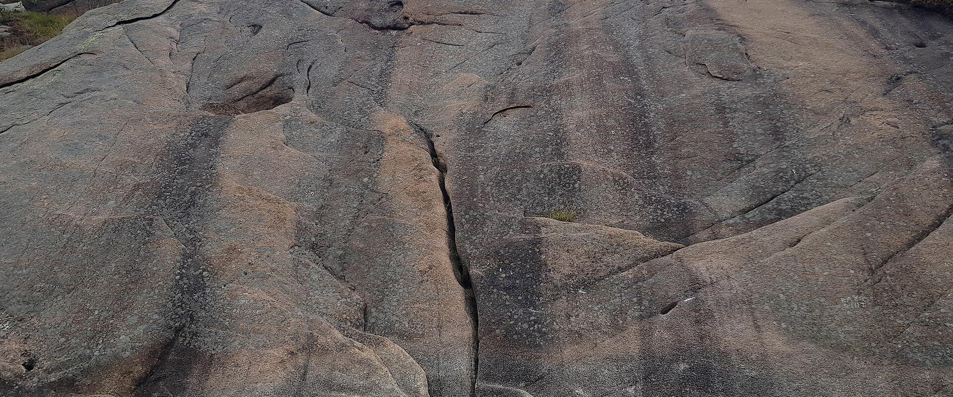 A large, weathered granite rock face with visible cracks and vertical water stains, set against an overcast sky with sparse vegetation at the top and loose scree at the base.