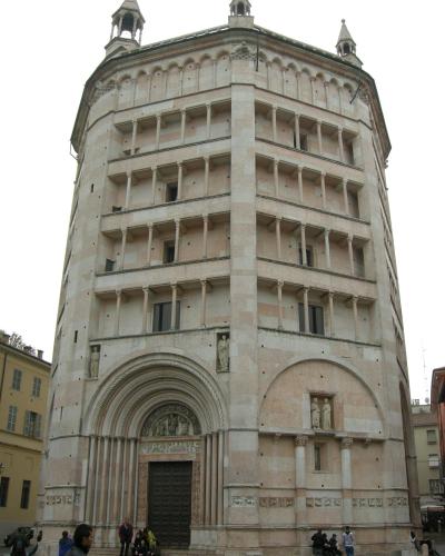 The pink-marble octagonal Baptistery of Parma