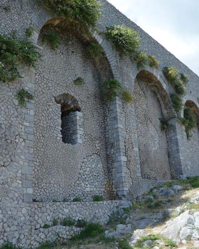 A low-angle view of a massive, ancient stone retaining wall built with *opus incertum* masonry, featuring a series of large arches and smaller rectangular openings, with vegetation growing from the top and crevices, situated on a rocky, grassy slo