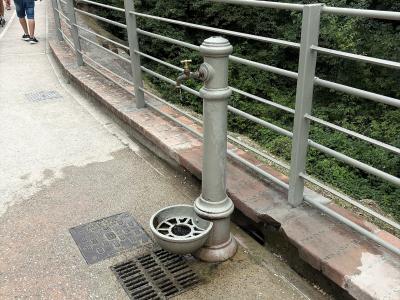 A grey metal drinking fountain with a bowl and spigot stands on a paved walkway next to a metal railing, with a man in a hat walking away in the background and dense green foliage beyond the railing.
