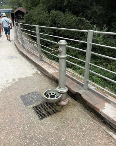 A grey metal drinking fountain with a bowl and spigot stands on a paved walkway next to a metal railing, with a man in a hat walking away in the background and dense green foliage beyond the railing.