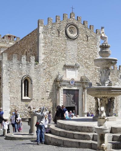 Taormina Cathedral and the fountain on Piazza Duomo