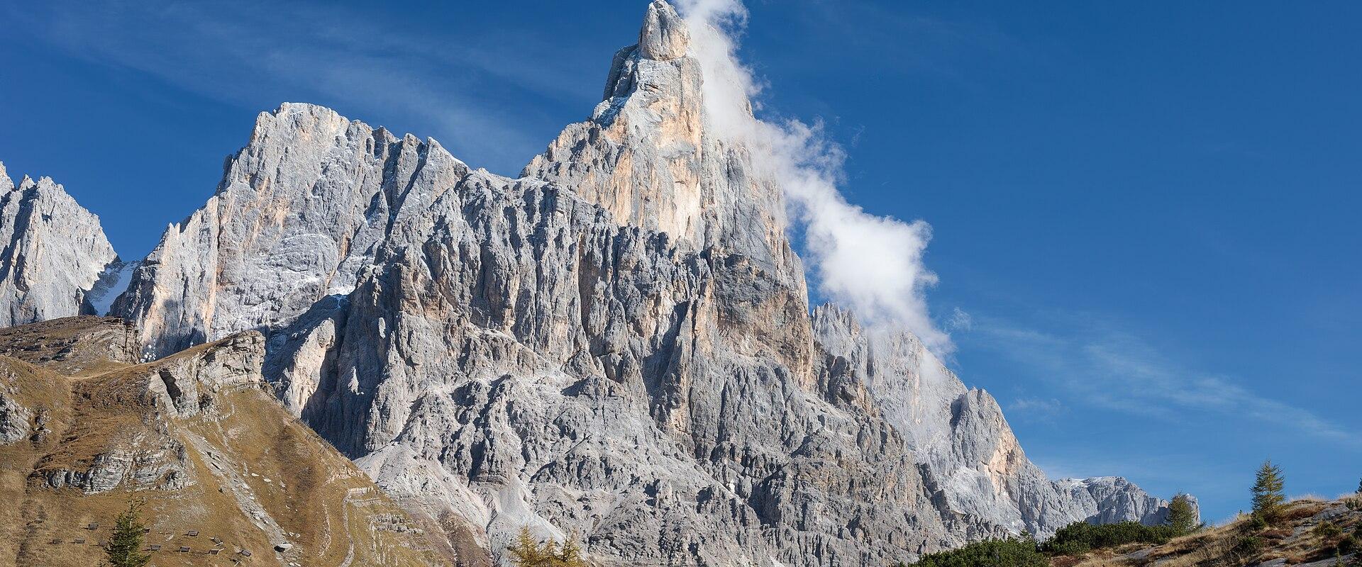 A high-angle view of the jagged, pale limestone peaks of the Cimon della Pala and Cima di Vezzana mountains rising above alpine meadows and sparse coniferous trees under a clear blue sky with a plume of cloud near the summit.