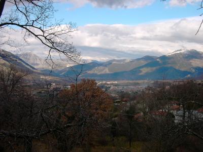 A landscape view of a mountain range with snow-capped peaks overlooking a valley with scattered buildings and bare trees in the foreground.