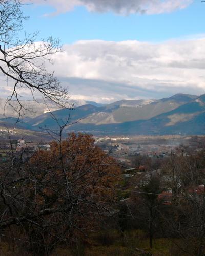 A landscape view of a mountain range with snow-capped peaks overlooking a valley with scattered buildings and bare trees in the foreground.