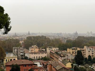 A hazy, elevated panoramic view of Rome's historic skyline featuring terracotta rooftops, dense trees, and distant domes under an overcast sky.