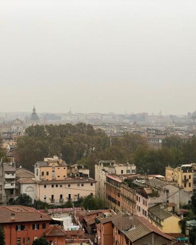 A hazy, elevated panoramic view of Rome's historic skyline featuring terracotta rooftops, dense trees, and distant domes under an overcast sky.