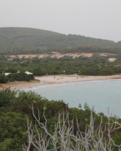 A coastal landscape showing a sandy beach curving along turquoise water, backed by dense green Mediterranean scrub and forested hills, with a few small buildings and people visible on the shore.