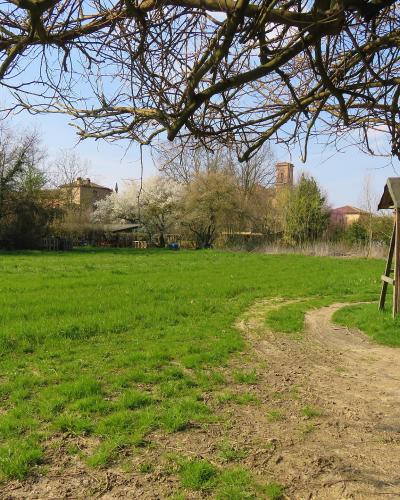 A grassy park area with a dirt path, a wooden information board on the right, and trees framing the view with buildings in the background.