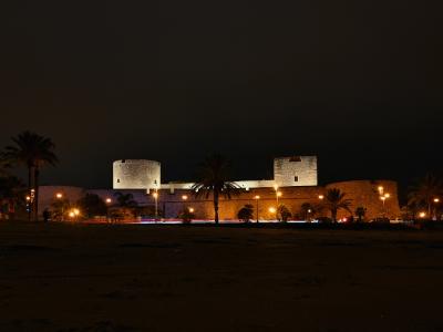 A night-time photograph of a large, illuminated medieval stone fortress featuring a prominent round tower and a square keep, situated behind a row of palm trees and a road with light trails, likely taken from a beach.