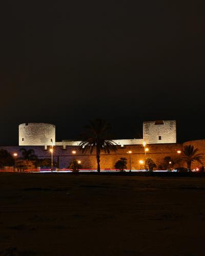 A night-time photograph of a large, illuminated medieval stone fortress featuring a prominent round tower and a square keep, situated behind a row of palm trees and a road with light trails, likely taken from a beach.
