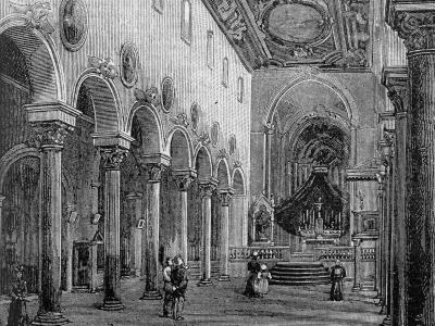 A black-and-white woodcut engraving depicting the ornate interior of a cathedral, featuring rows of columns with arched openings, a decorated ceiling, and figures in 19th-century attire near an altar.