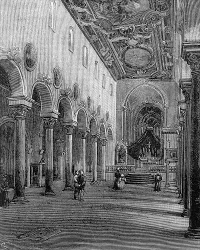 A black-and-white woodcut engraving depicting the ornate interior of a cathedral, featuring rows of columns with arched openings, a decorated ceiling, and figures in 19th-century attire near an altar.