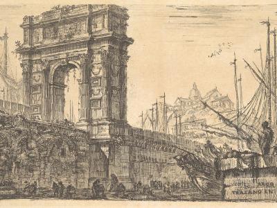 A monochrome etching or engraving depicting a large Roman triumphal arch situated next to a harbor with sailing ships and a cityscape in the background; text at the bottom right reads "L'ARC DE TRAJAN A ANCONA".