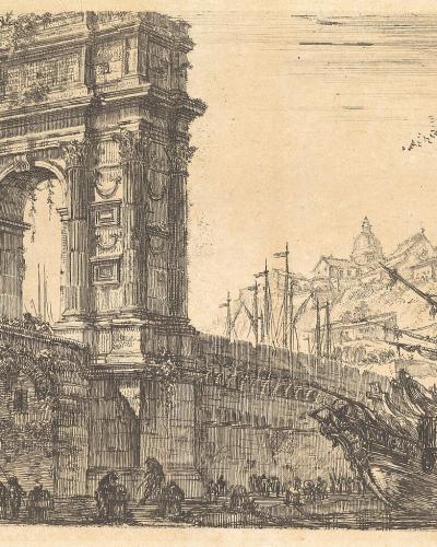 A monochrome etching or engraving depicting a large Roman triumphal arch situated next to a harbor with sailing ships and a cityscape in the background; text at the bottom right reads "L'ARC DE TRAJAN A ANCONA".