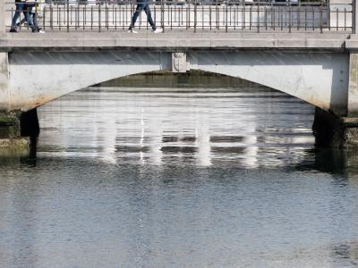 A low-angle view of a single-arch concrete bridge over a canal, with pedestrians walking on the deck and a stone coat of arms mounted on the arch's underside.